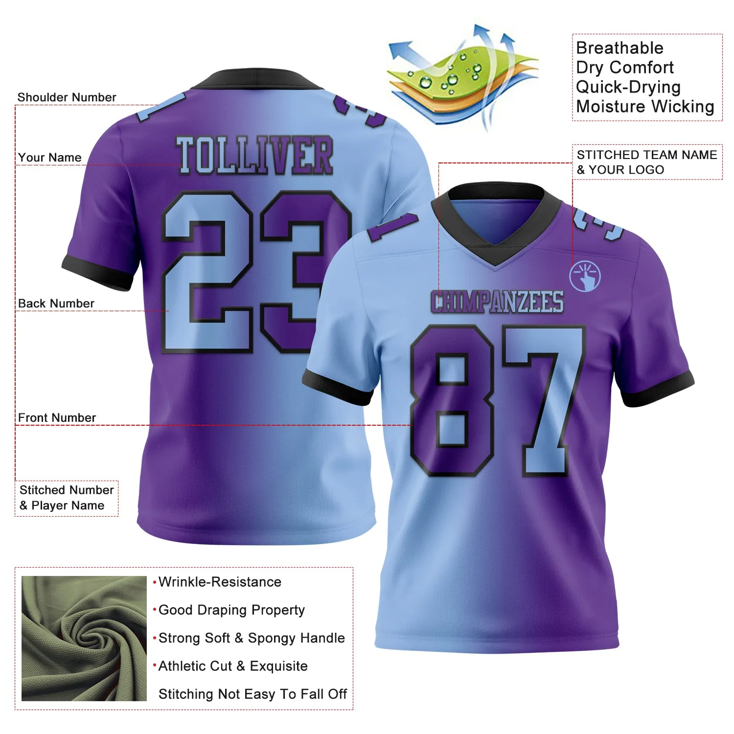 Custom Purple Light Blue-Black Mesh Authentic Gradient Fashion Football Jersey