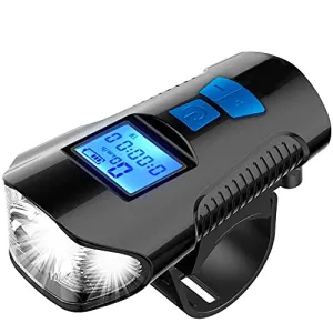 FABSPORTS Rechargeable ABS LED Bicycle Front/Head Light with USB with Speedometer, Odometer and is Waterproof, Suitable for All Mountain and Road Bicycle and Bikes (Black)