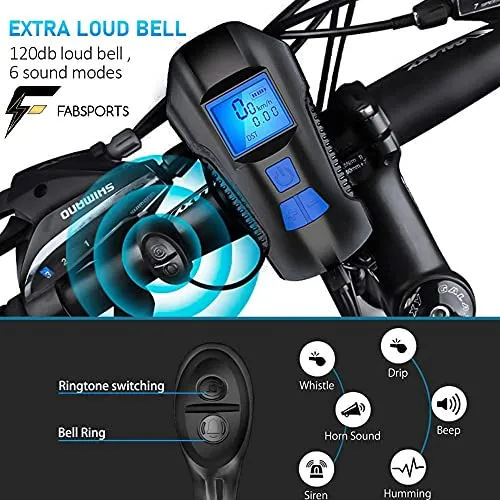 FABSPORTS Rechargeable ABS LED Bicycle Front/Head Light with USB with Speedometer, Odometer and is Waterproof, Suitable for All Mountain and Road Bicycle and Bikes (Black)