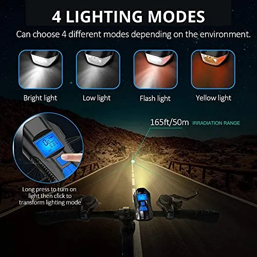 FABSPORTS Rechargeable ABS LED Bicycle Front/Head Light with USB with Speedometer, Odometer and is Waterproof, Suitable for All Mountain and Road Bicycle and Bikes (Black)