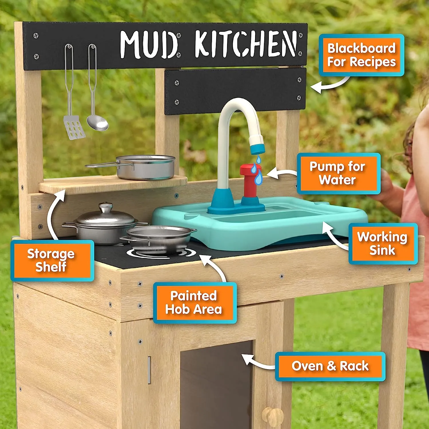 FSC Montessori Eco Wood Kids Mud Kitchen | Wooden Toy Kitchen | Working Tap & Sink | 3 Years 