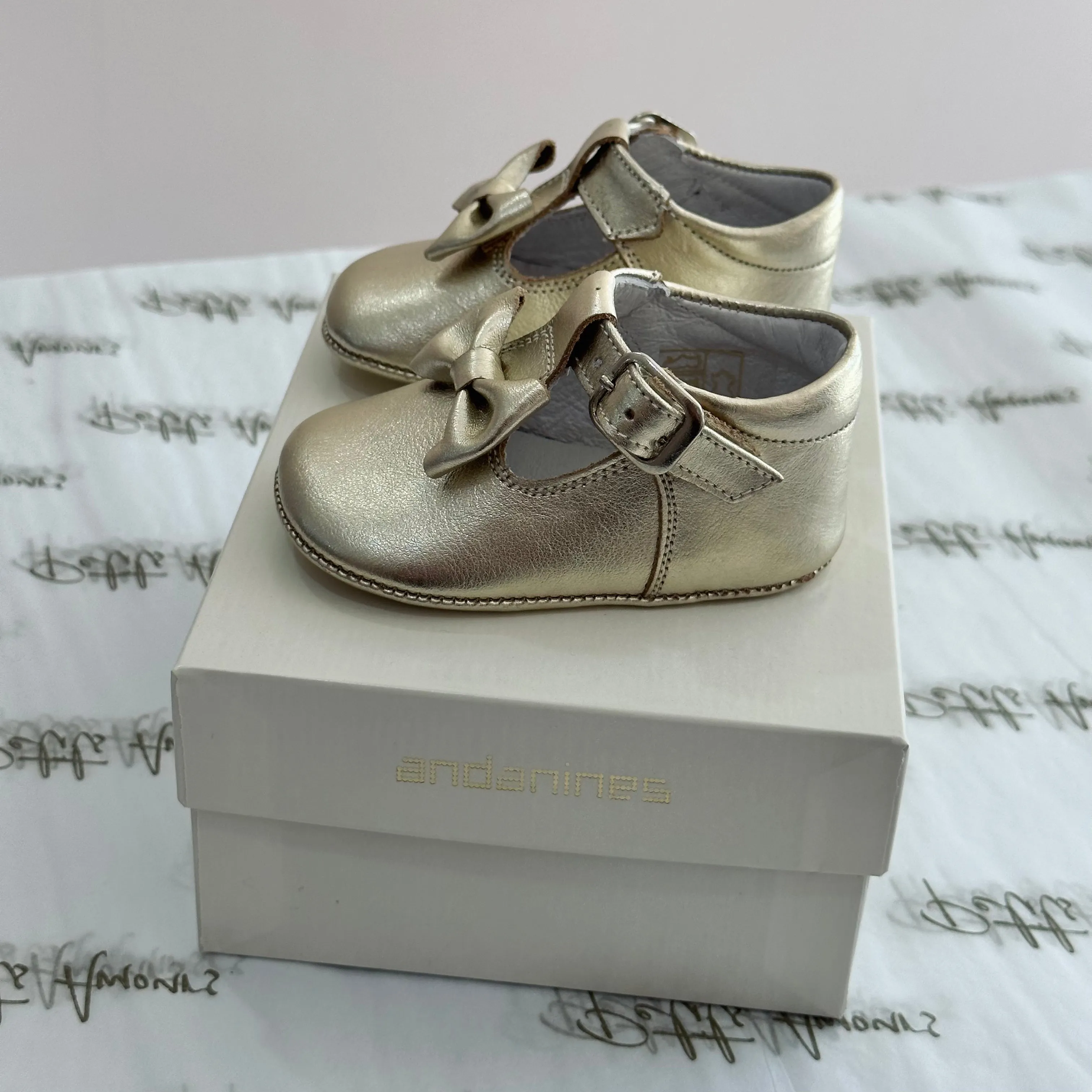 Gold Bow Pram Shoes