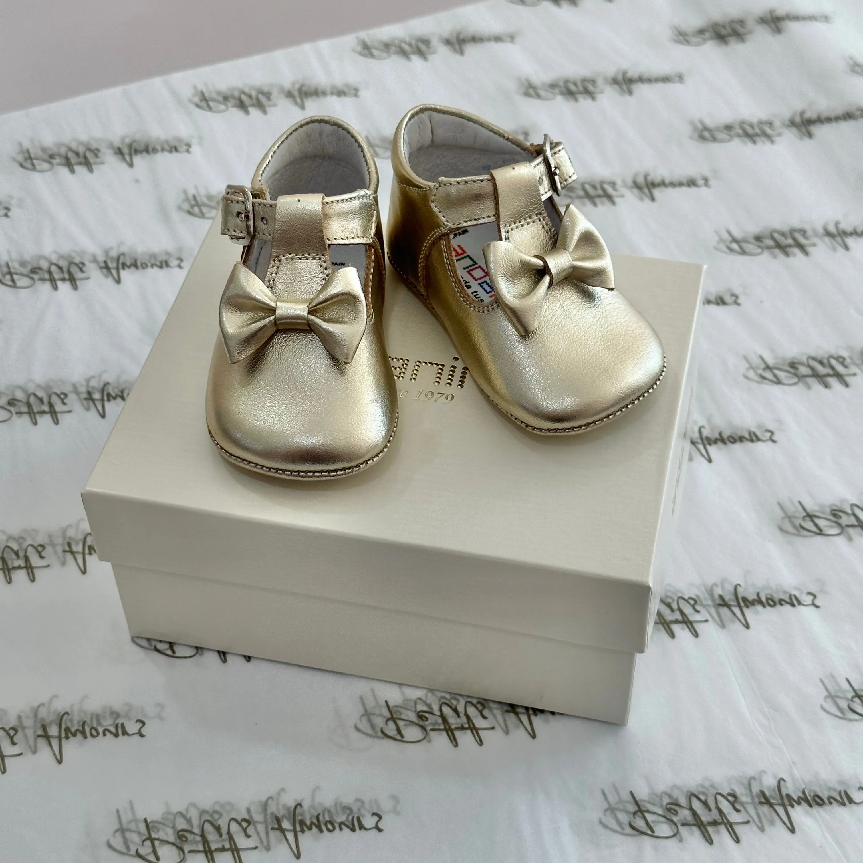 Gold Bow Pram Shoes
