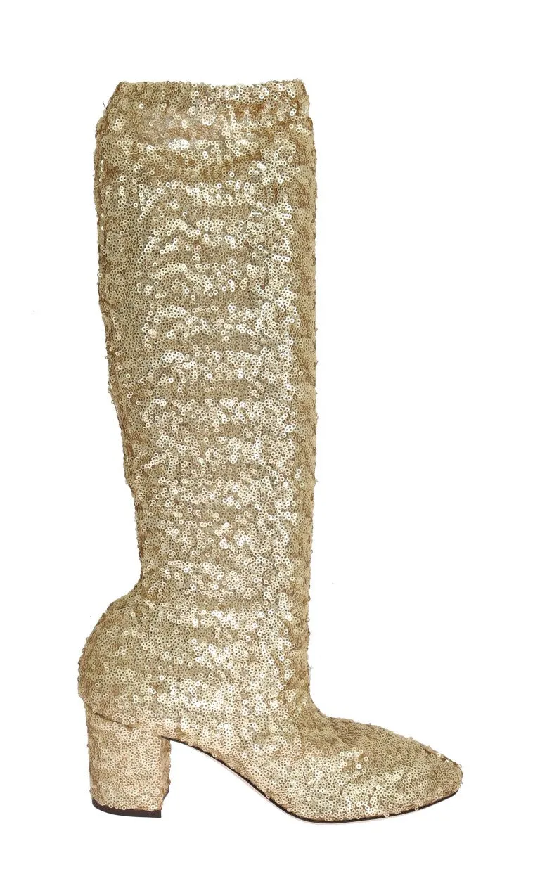 Gold Sequined Leather Stretch Boots