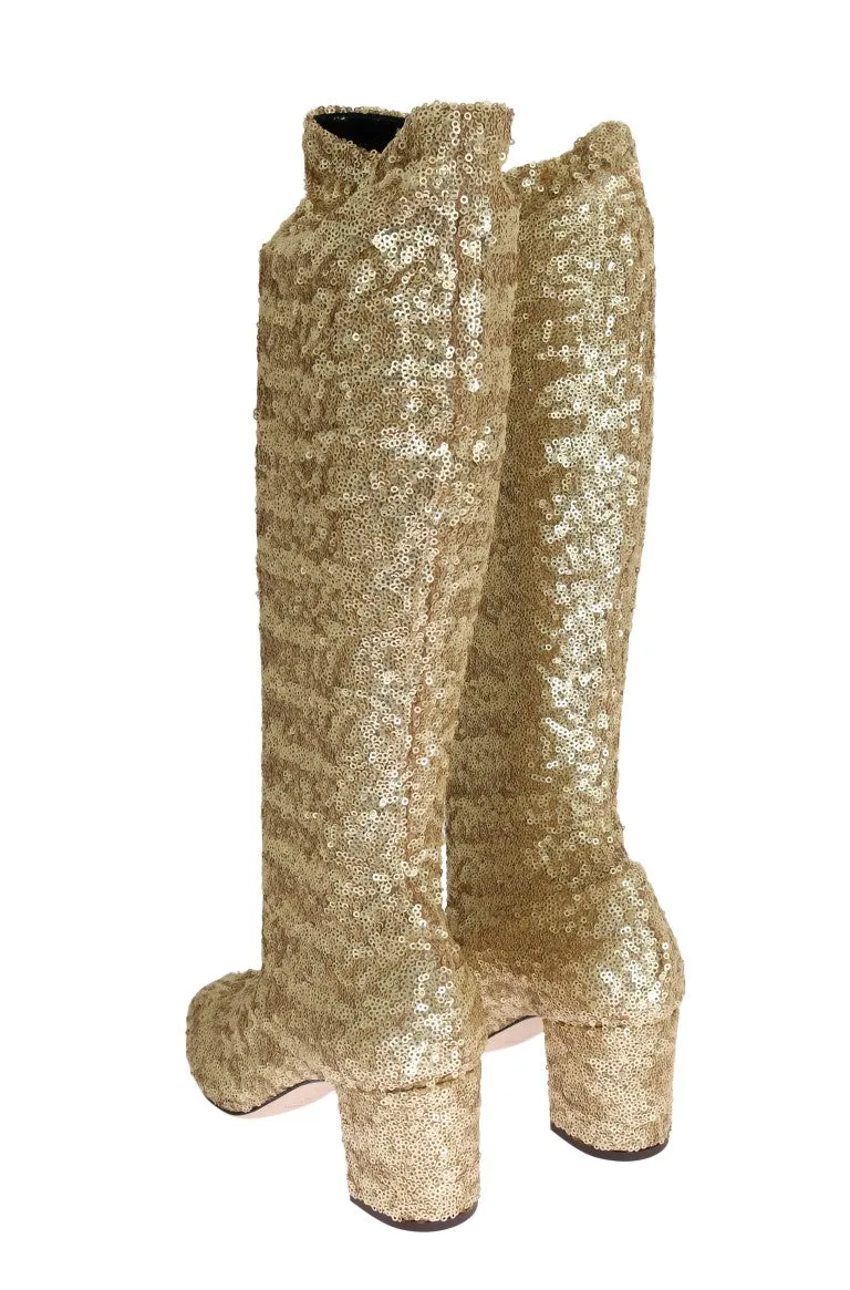 Gold Sequined Leather Stretch Boots