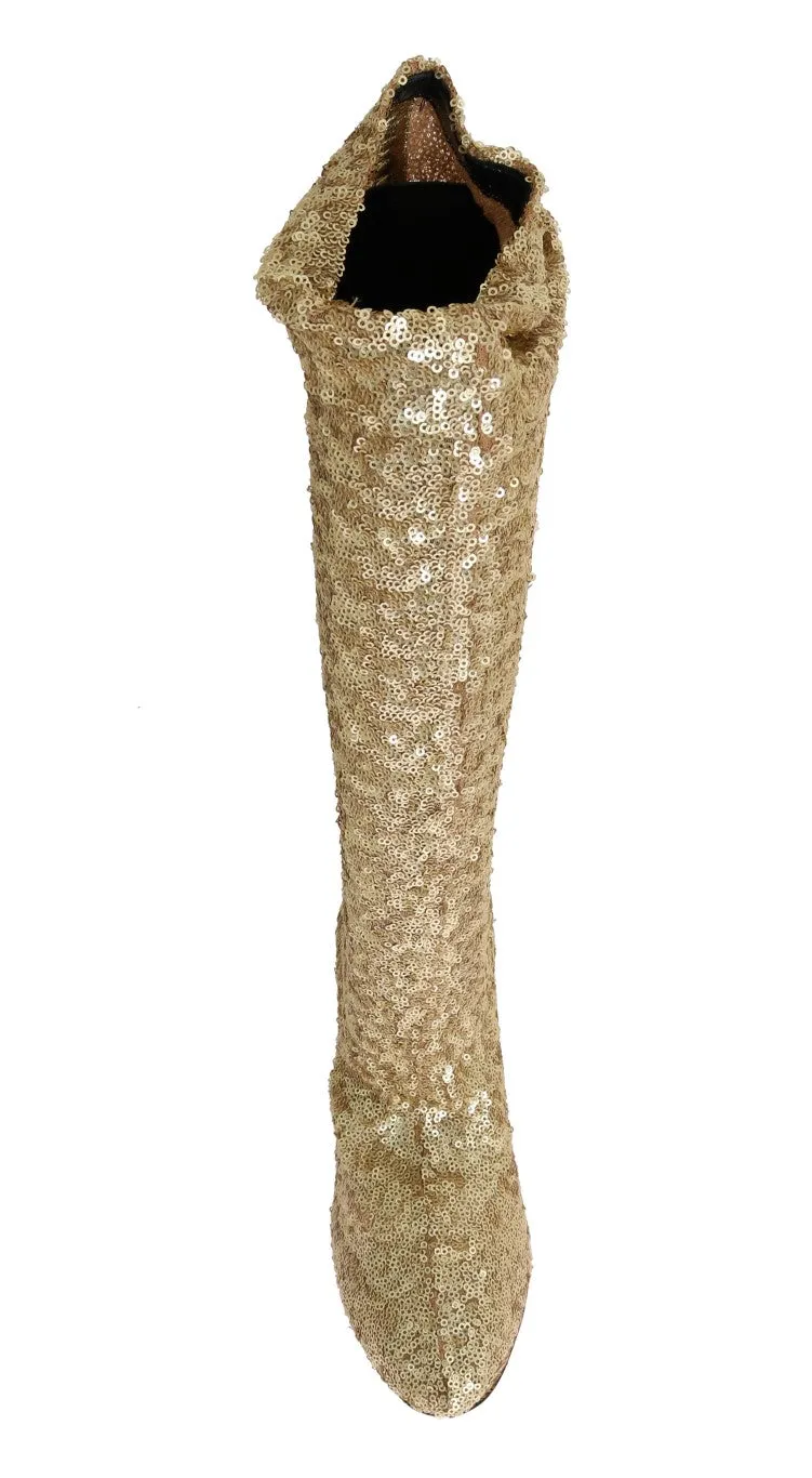 Gold Sequined Leather Stretch Boots