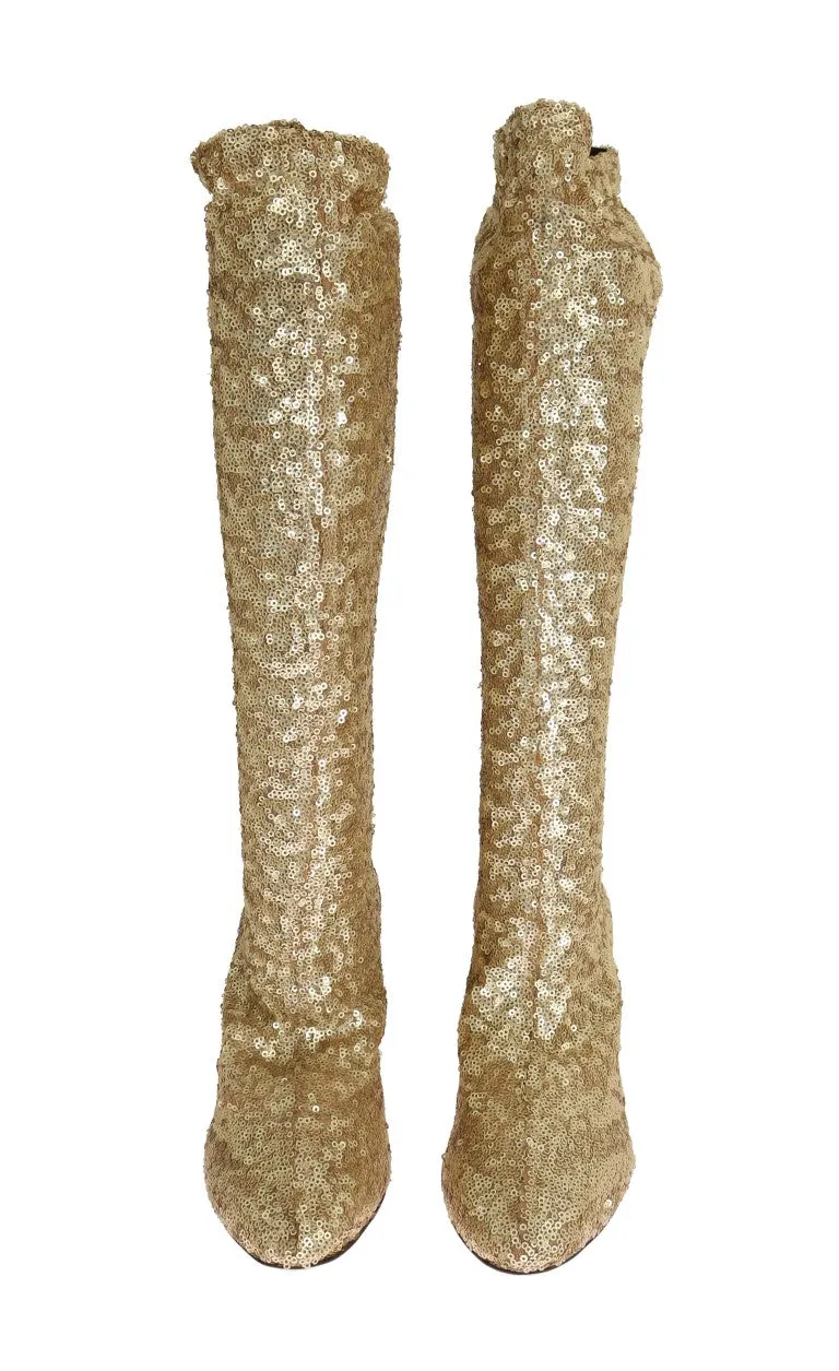 Gold Sequined Leather Stretch Boots
