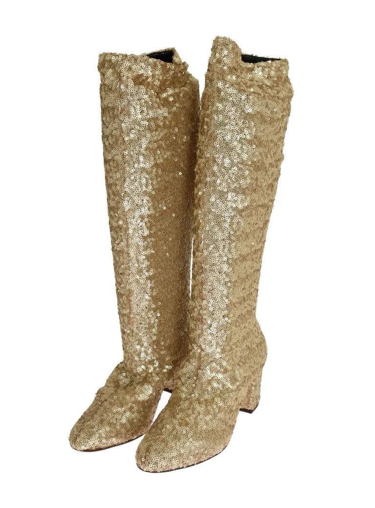 Gold Sequined Leather Stretch Boots