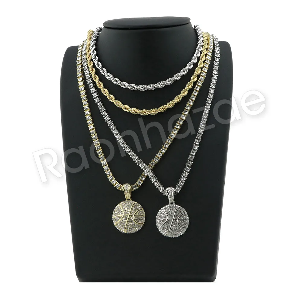 HIP HOP BASKETBALL PENDANT W/ 24" ROPE /18" TENNIS CHAIN NECKLACE SC006