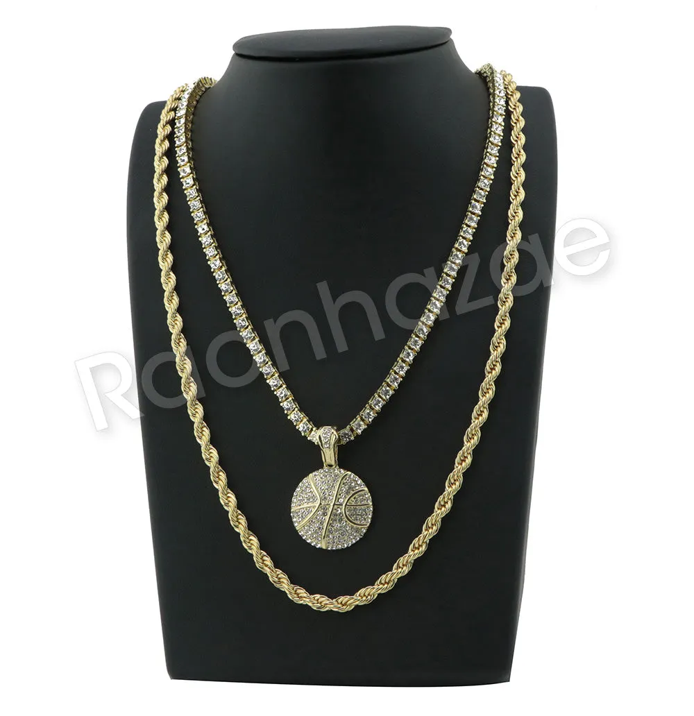 HIP HOP BASKETBALL PENDANT W/ 24" ROPE /18" TENNIS CHAIN NECKLACE SC006