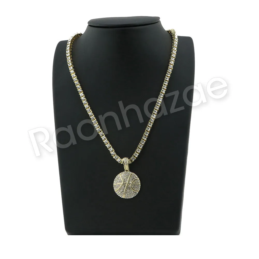 HIP HOP BASKETBALL PENDANT W/ 24" ROPE /18" TENNIS CHAIN NECKLACE SC006