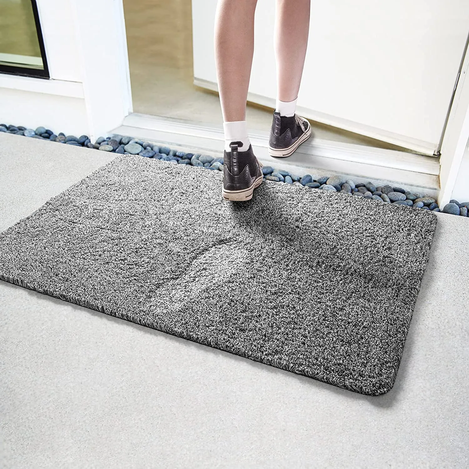 HOUSE DAY Front Door Mat Indoor 17" x 30", Heavy Duty Magic Door Mat | Low-Profile Mats for Entry, High Traffic Areas, Anti-Slip Rubber Mat Low-Profile Entrance Door Rug Machine Washable -Gray