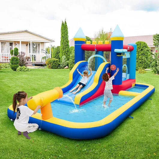 Inflatable Water Slide Bounce House with 680W Blower and 2 Pools - Color: Multic
