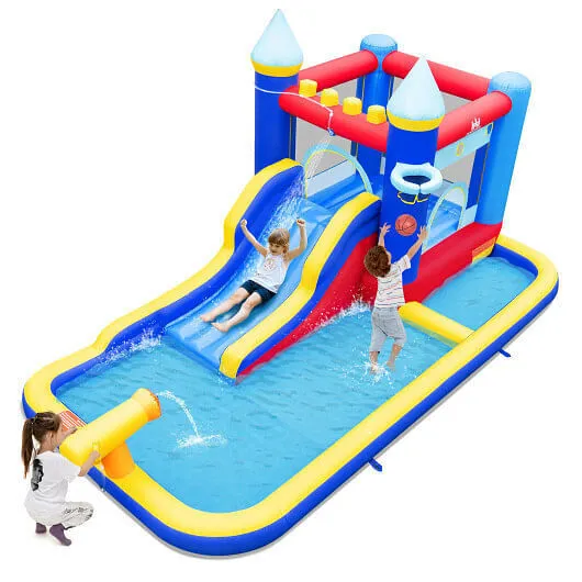 Inflatable Water Slide Bounce House with 680W Blower and 2 Pools - Color: Multic