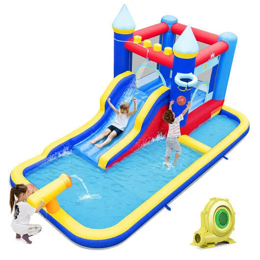 Inflatable Water Slide Bounce House with 680W Blower and 2 Pools - Color: Multic