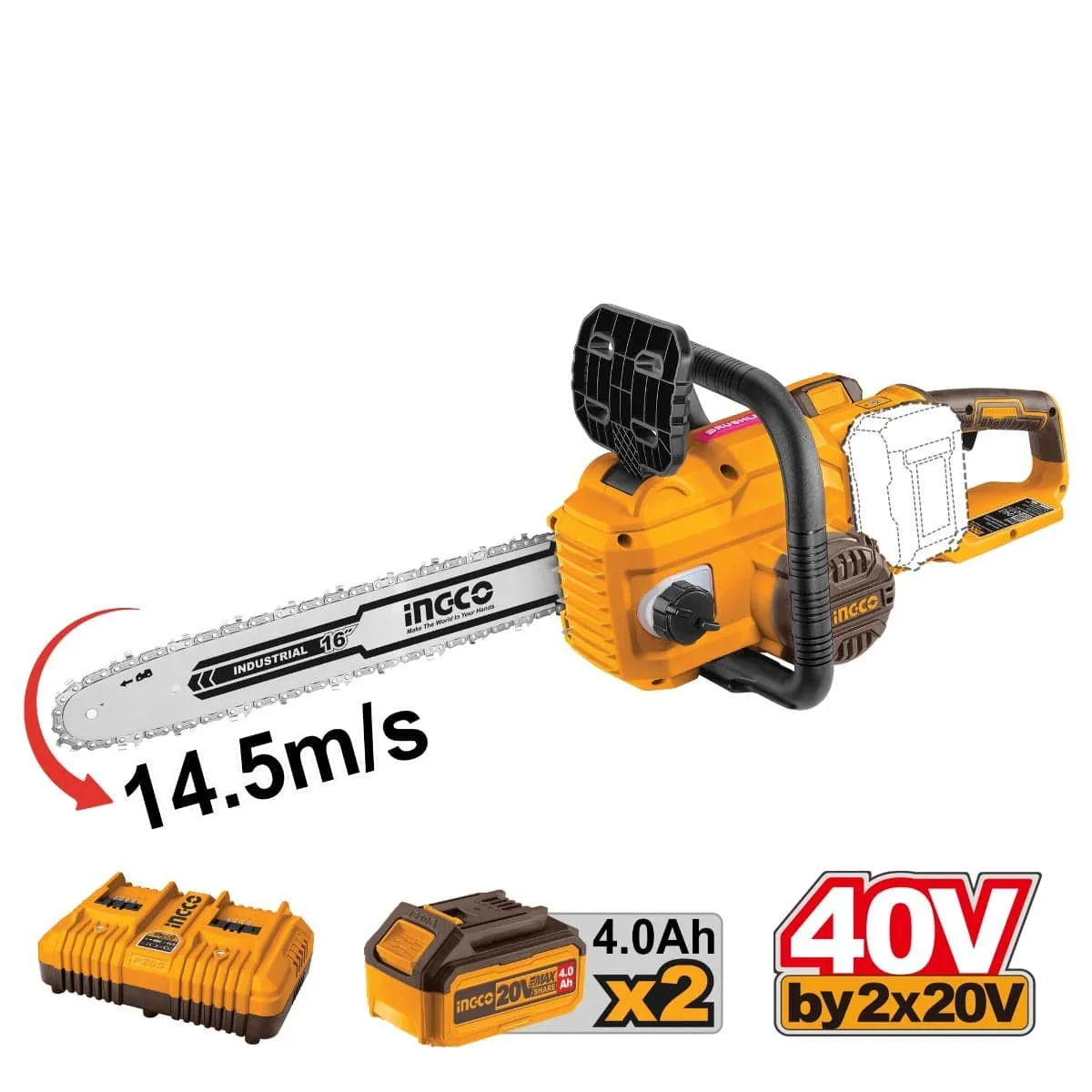 Ingco Brushless 16" Lithium-Ion Cordless Chain Saw with Two 20V 4.0Ah Batteries - CGSLI401682