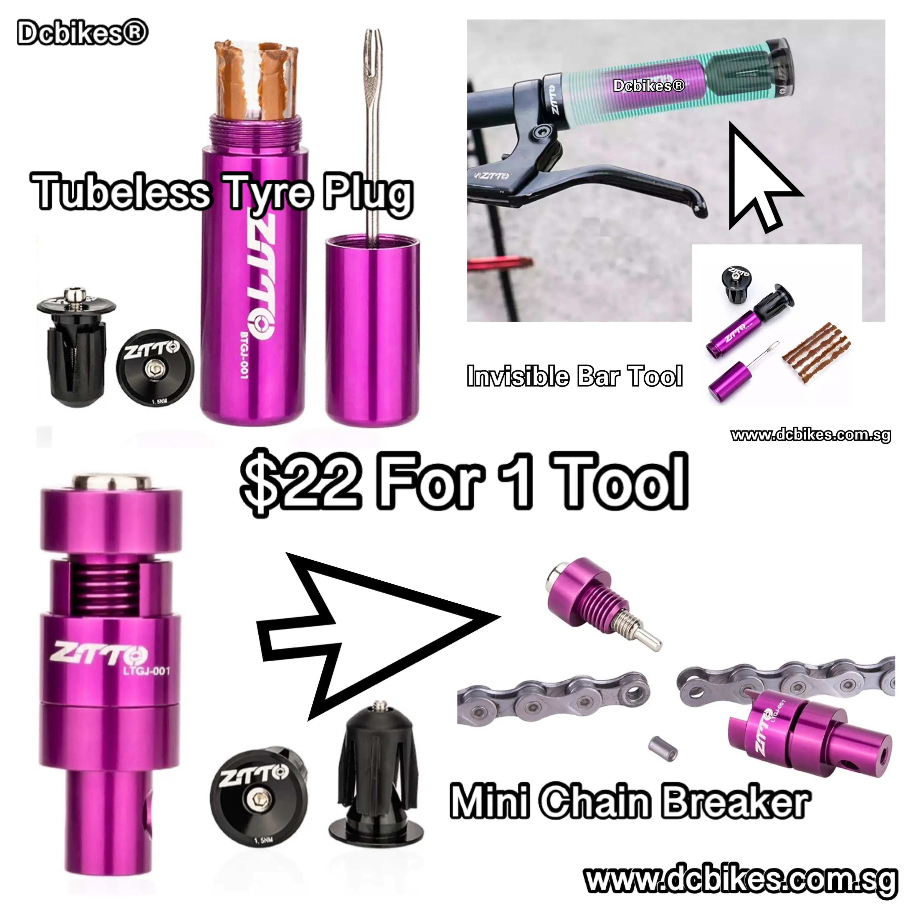 Invisible Purple Stealth Handlebar Emergency Tubeless Tyre Puncture Plug/Chain Breaker Repair Kit