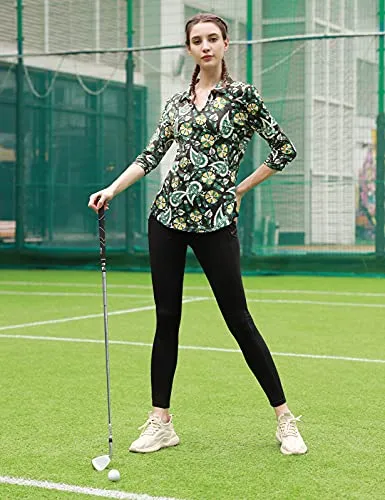 JACK SMITH Women's 3/4 Sleeve Sports Moisture-Wicking Polo Shirt T-Shirt Tops, Cashew Flowers 2#, Large