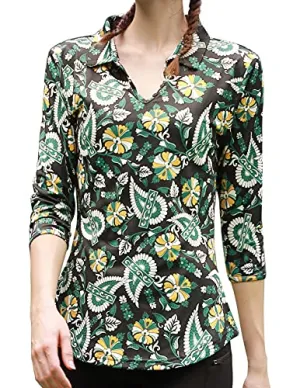 JACK SMITH Women's 3/4 Sleeve Sports Moisture-Wicking Polo Shirt T-Shirt Tops, Cashew Flowers 2#, Large