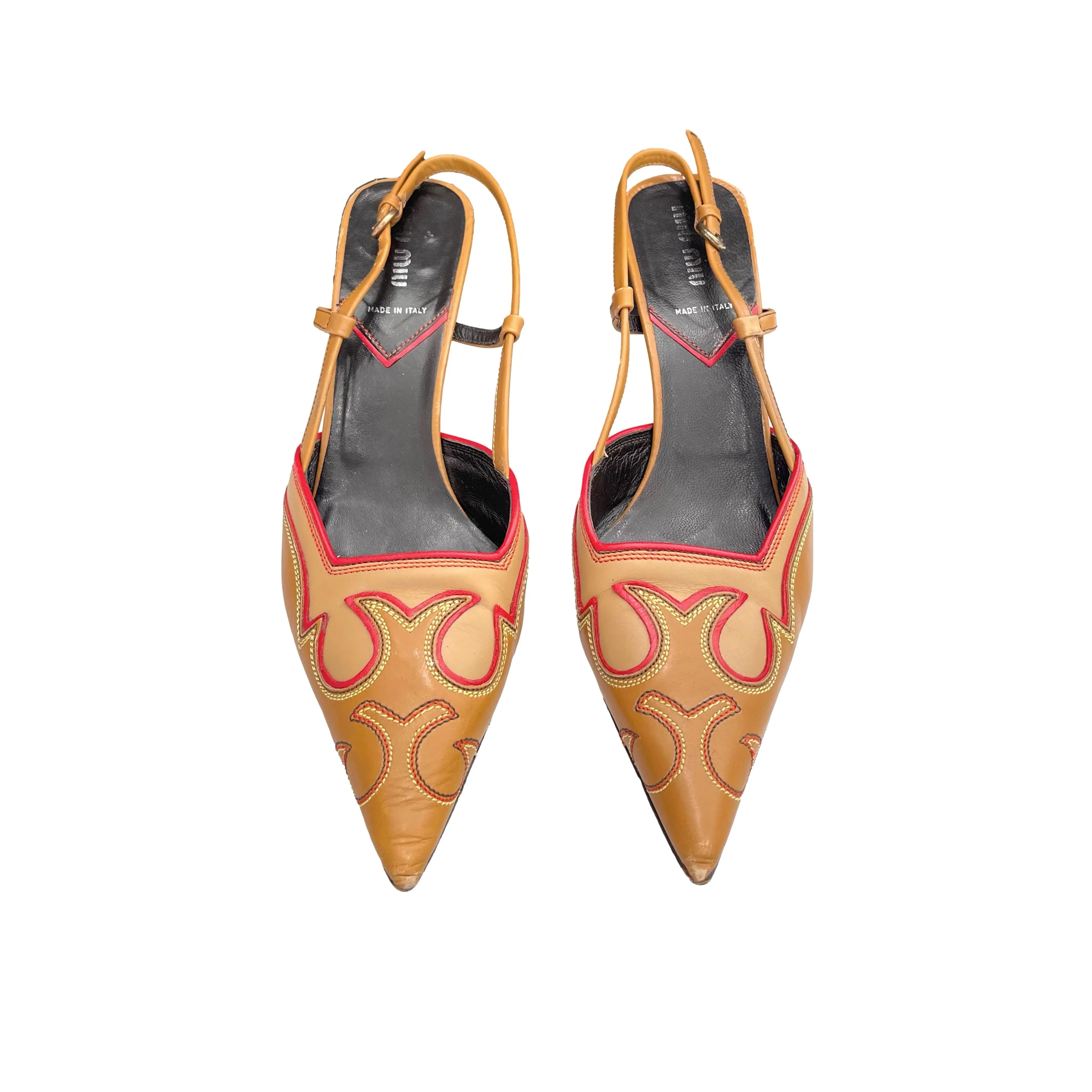 Miu Miu Brown Leather Embroidered Heels