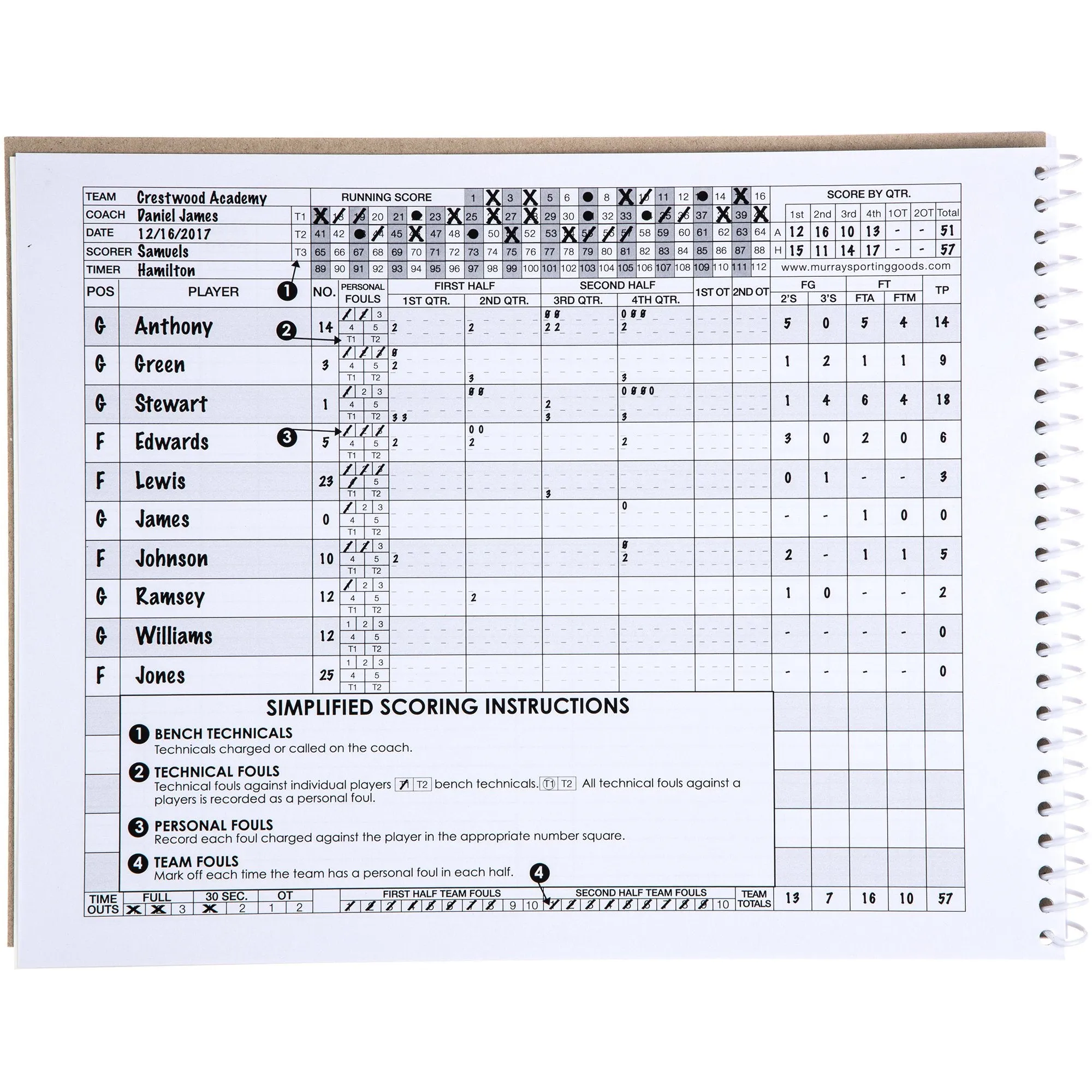 Murray Sporting Goods Basketball Scorebook - 35 Games