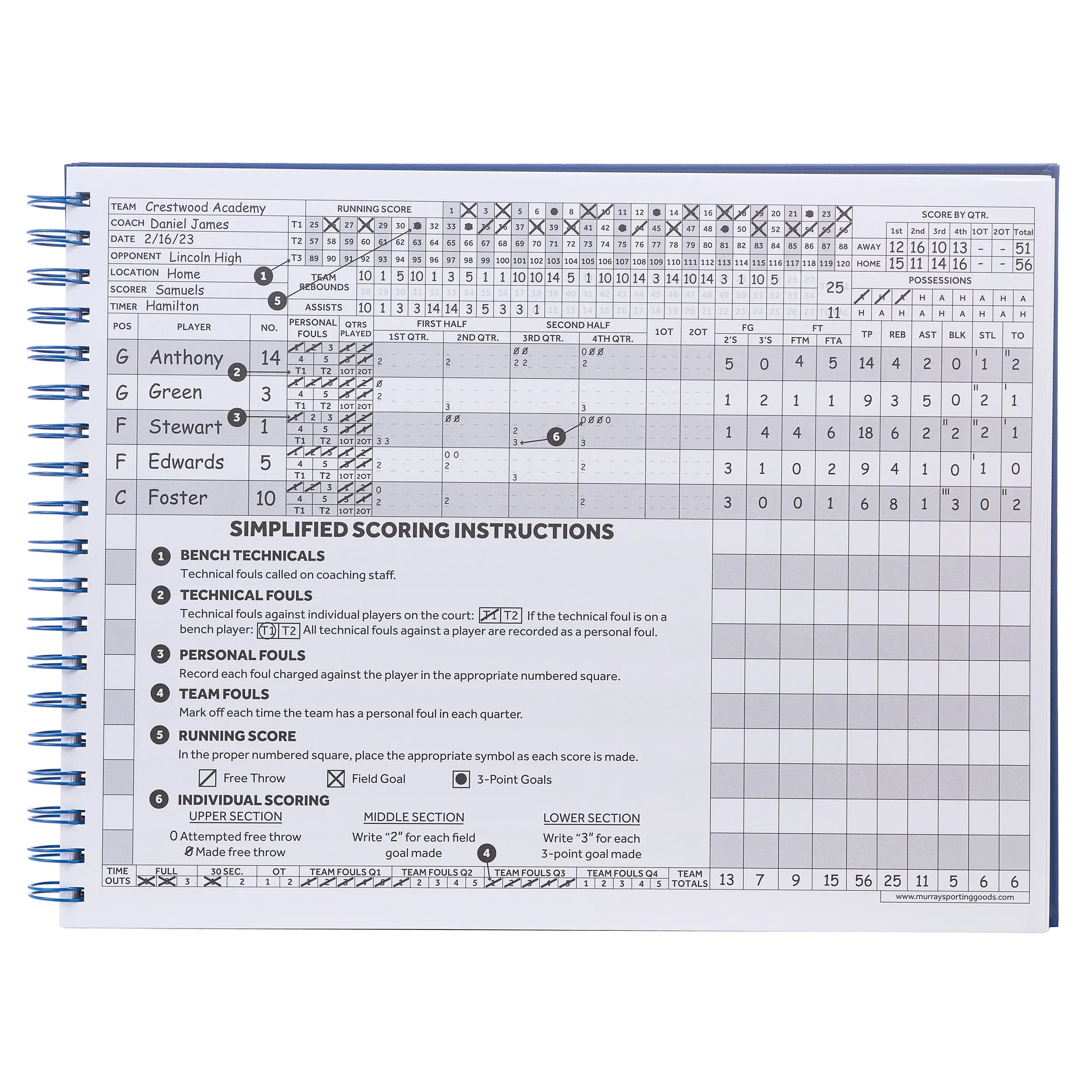 Murray Sporting Goods Premium Basketball Scorebook - 60 Games
