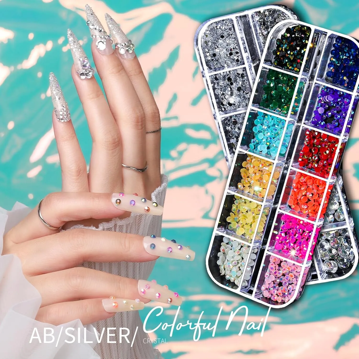 Nail Charms Nail Art Kit with 15 Sheets Gold Nail Stickers, 6 Boxes of Nail Gems Nail Art Tools Nail Rhinestones for Nails, Nail Supplies 3D Nail Charms and Gems Nail Decals Nail Pearls