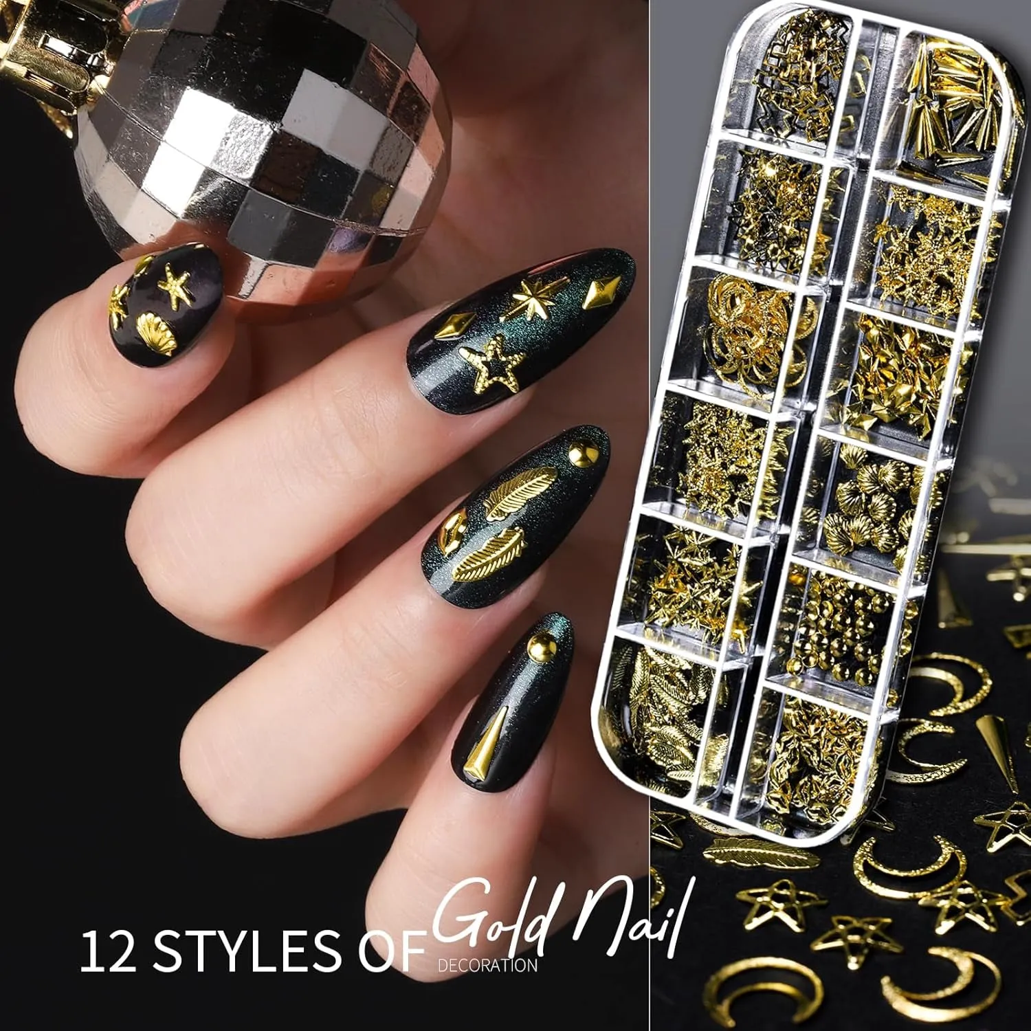 Nail Charms Nail Art Kit with 15 Sheets Gold Nail Stickers, 6 Boxes of Nail Gems Nail Art Tools Nail Rhinestones for Nails, Nail Supplies 3D Nail Charms and Gems Nail Decals Nail Pearls