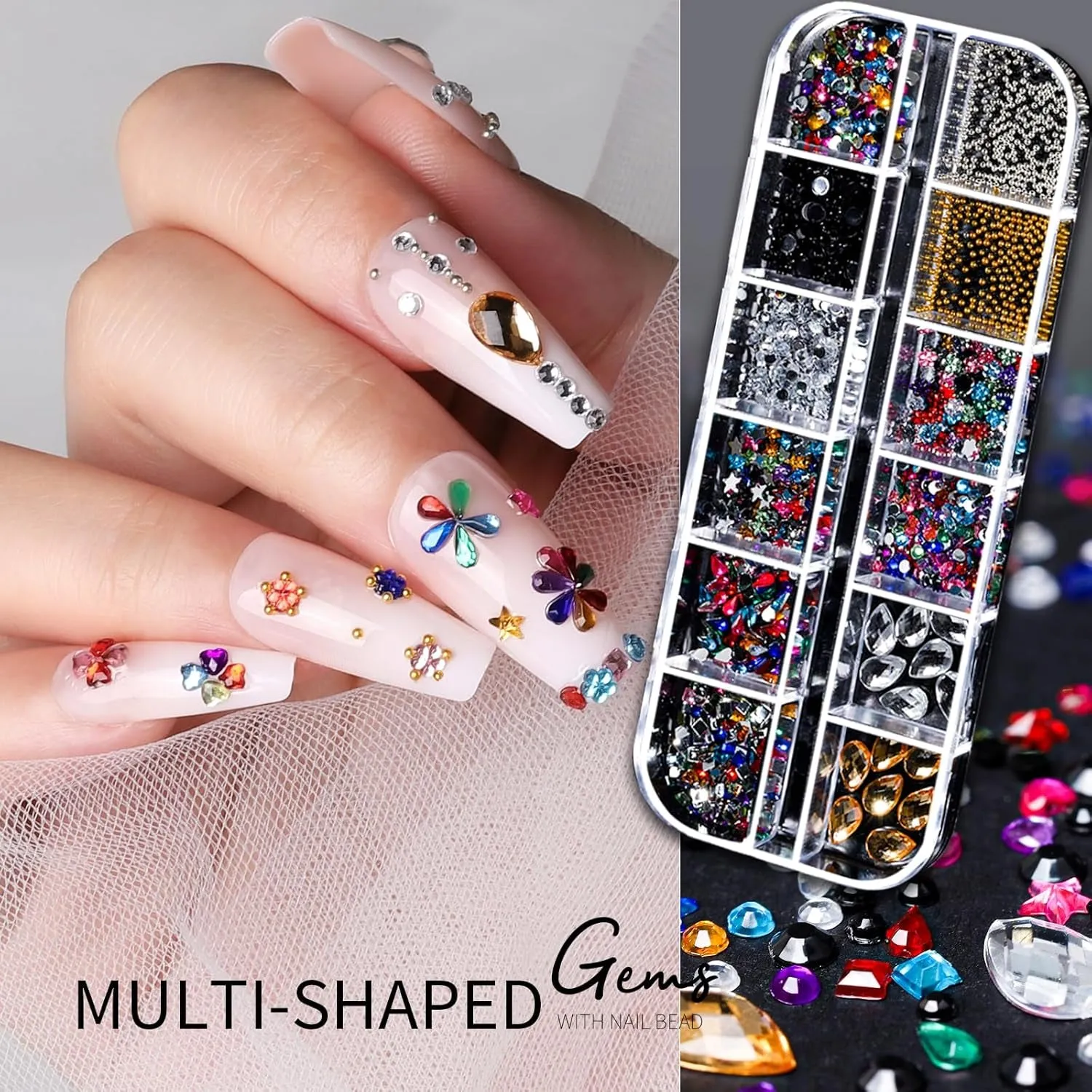 Nail Charms Nail Art Kit with 15 Sheets Gold Nail Stickers, 6 Boxes of Nail Gems Nail Art Tools Nail Rhinestones for Nails, Nail Supplies 3D Nail Charms and Gems Nail Decals Nail Pearls