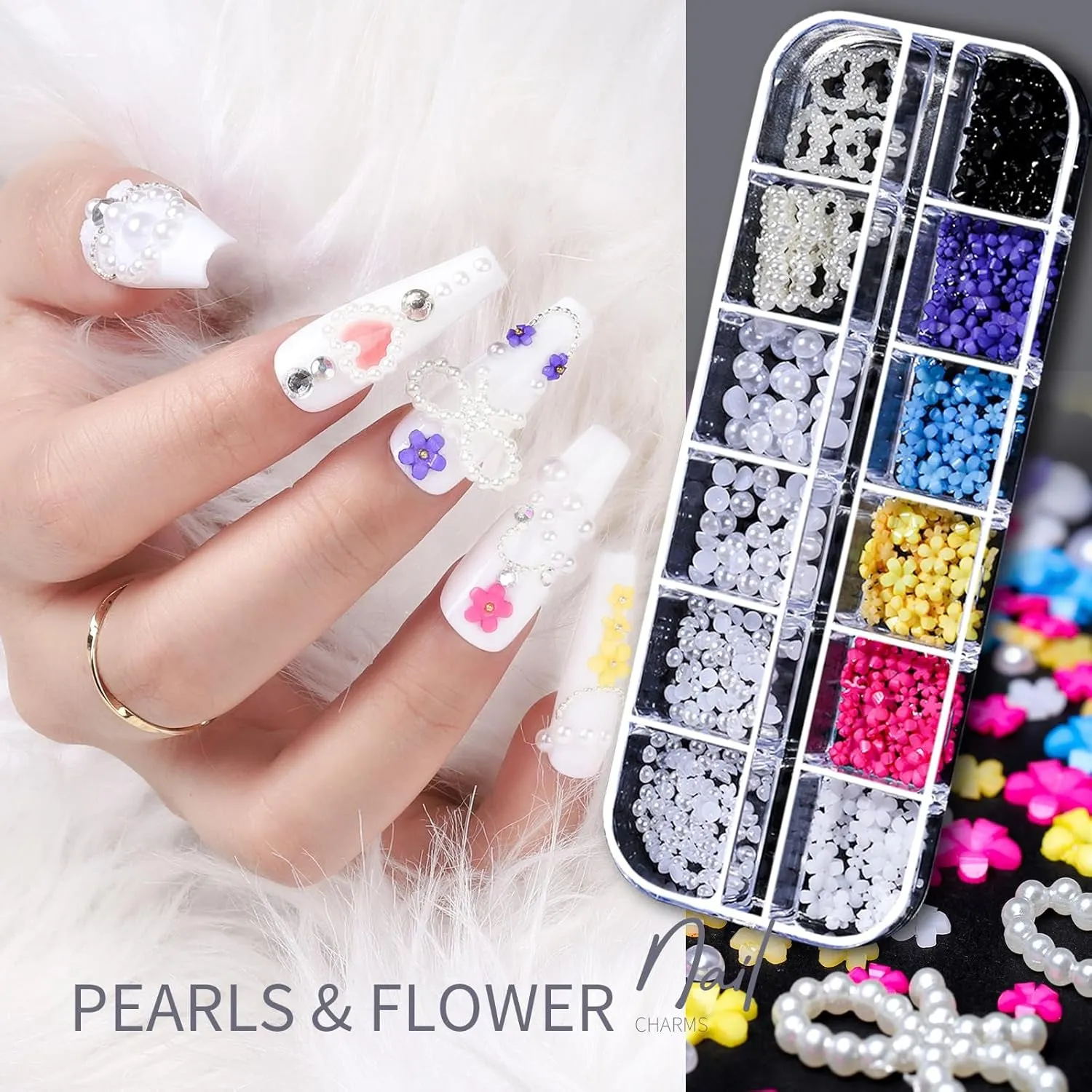 Nail Charms Nail Art Kit with 15 Sheets Gold Nail Stickers, 6 Boxes of Nail Gems Nail Art Tools Nail Rhinestones for Nails, Nail Supplies 3D Nail Charms and Gems Nail Decals Nail Pearls