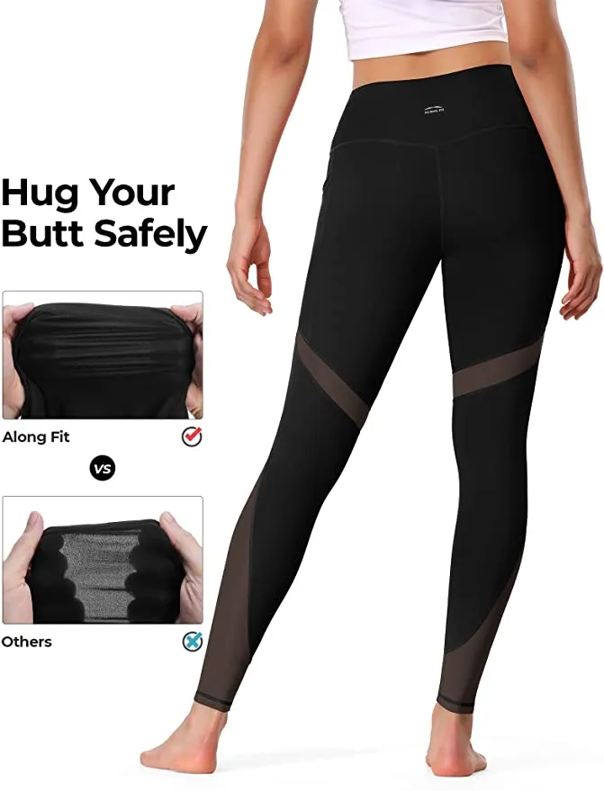 New ALONG FIT Mesh Leggings for Women with Side Pockets Gym Yoga Workout, Black, Sz S!