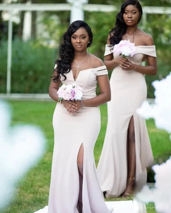 Off Shoulder Mermaid Side Slit V-neck Cheap Long Bridesmaid Dresses,WG1592