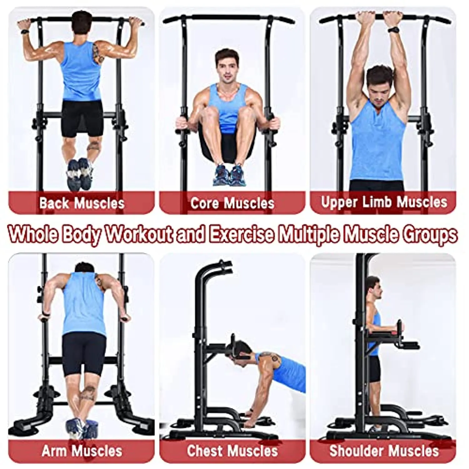 RAVS Power Tower Pull Up Dip Station Multi-Function Home Gym Strength Fitness Training Workout Equipment with 6 Levels Height Adjustable Handle Max Load 330Lbs