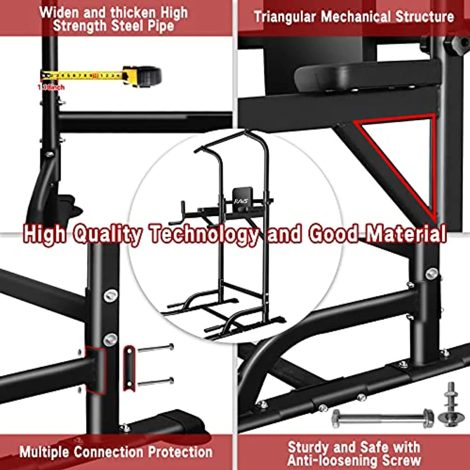 RAVS Power Tower Pull Up Dip Station Multi-Function Home Gym Strength Fitness Training Workout Equipment with 6 Levels Height Adjustable Handle Max Load 330Lbs
