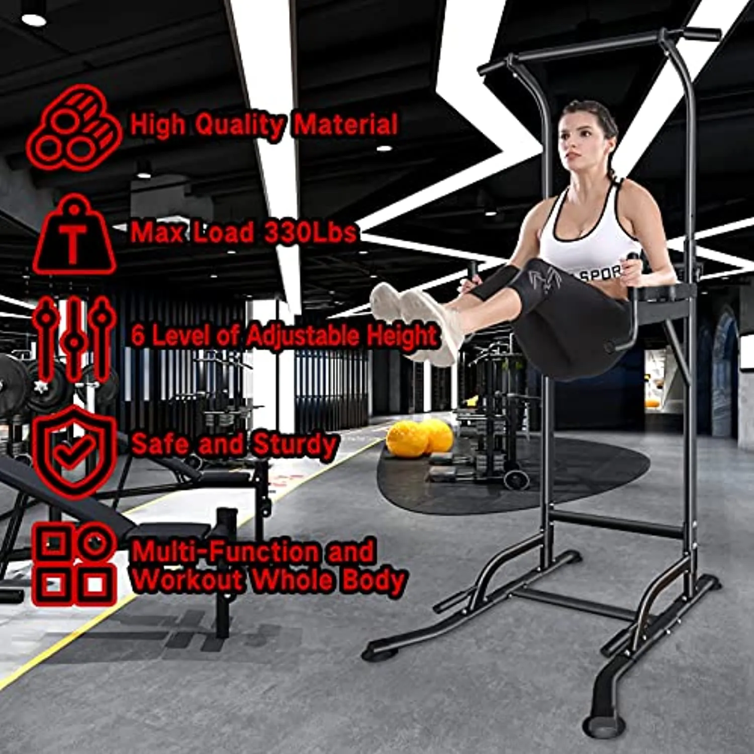RAVS Power Tower Pull Up Dip Station Multi-Function Home Gym Strength Fitness Training Workout Equipment with 6 Levels Height Adjustable Handle Max Load 330Lbs