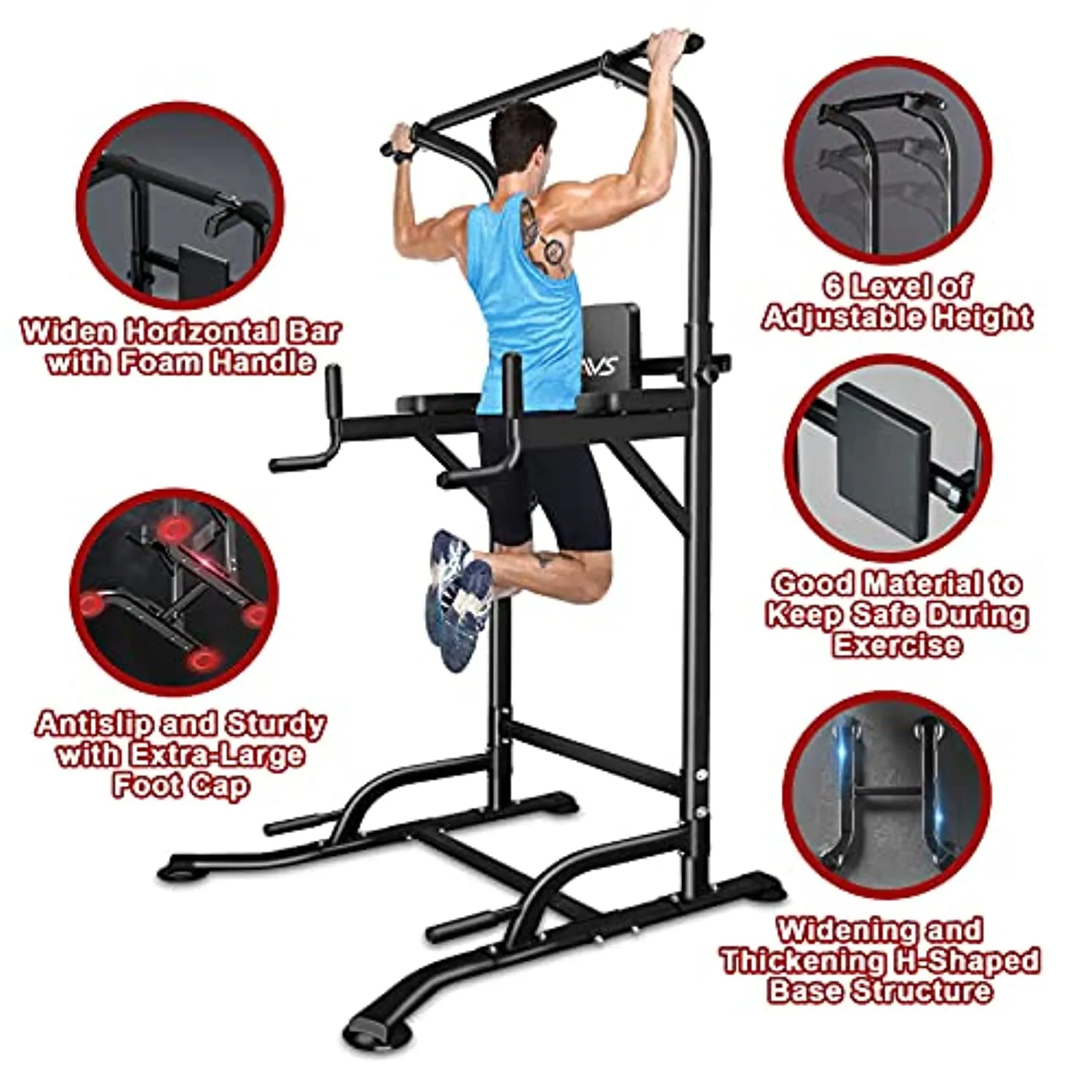 RAVS Power Tower Pull Up Dip Station Multi-Function Home Gym Strength Fitness Training Workout Equipment with 6 Levels Height Adjustable Handle Max Load 330Lbs