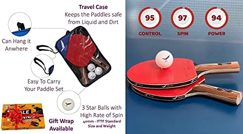Rivon Table Tennis Paddle - Ping Pong Racket Set - 2 Paddles with 3 Balls and Travel Case - ITTF Approved Rubber - Endorsed by Celebrity Player