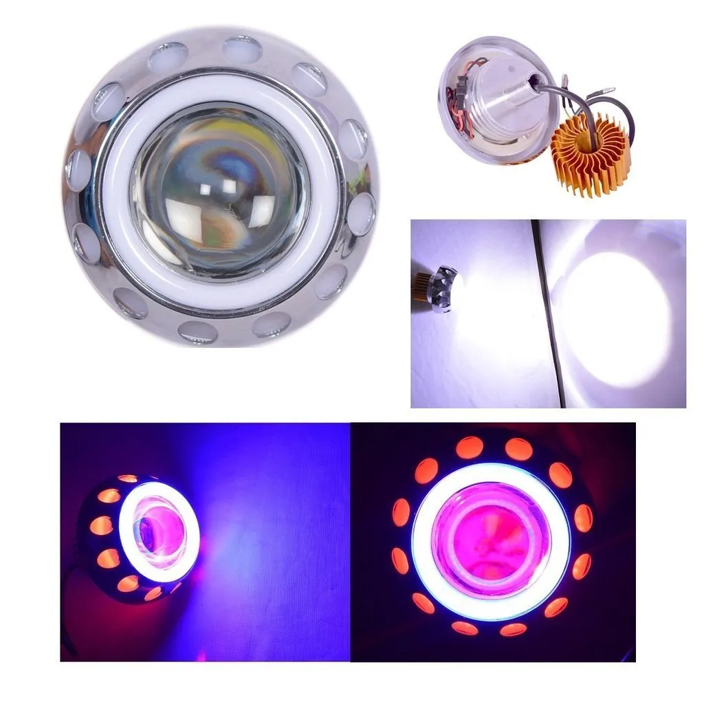 R.J.VON - LED Projector Headlight Kit Super Bright Hi-Lo Beam With OD Angel Eye Devil Eye Multicolor