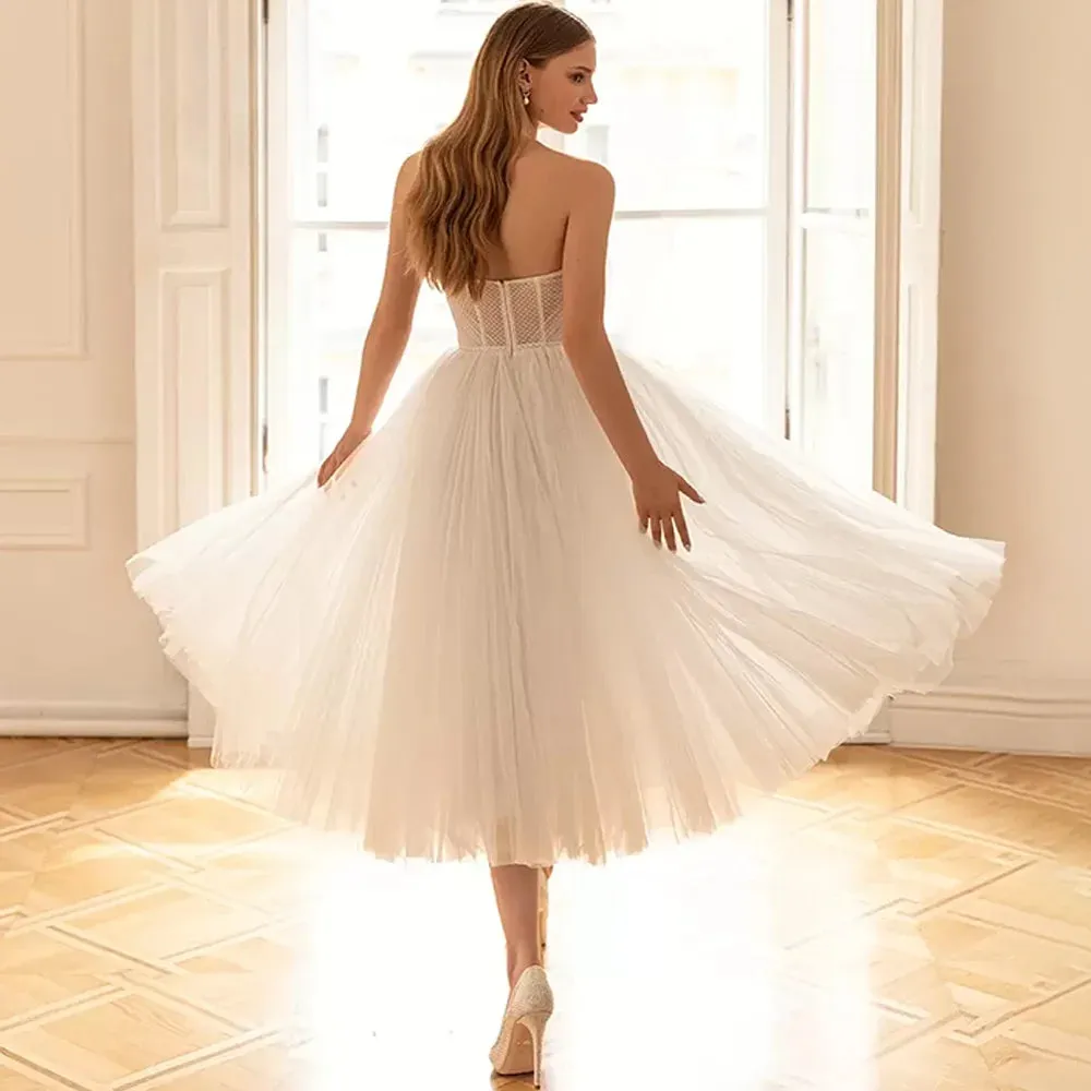 Short Wedding Dresses Sleeveless Mid-Calf Tulle