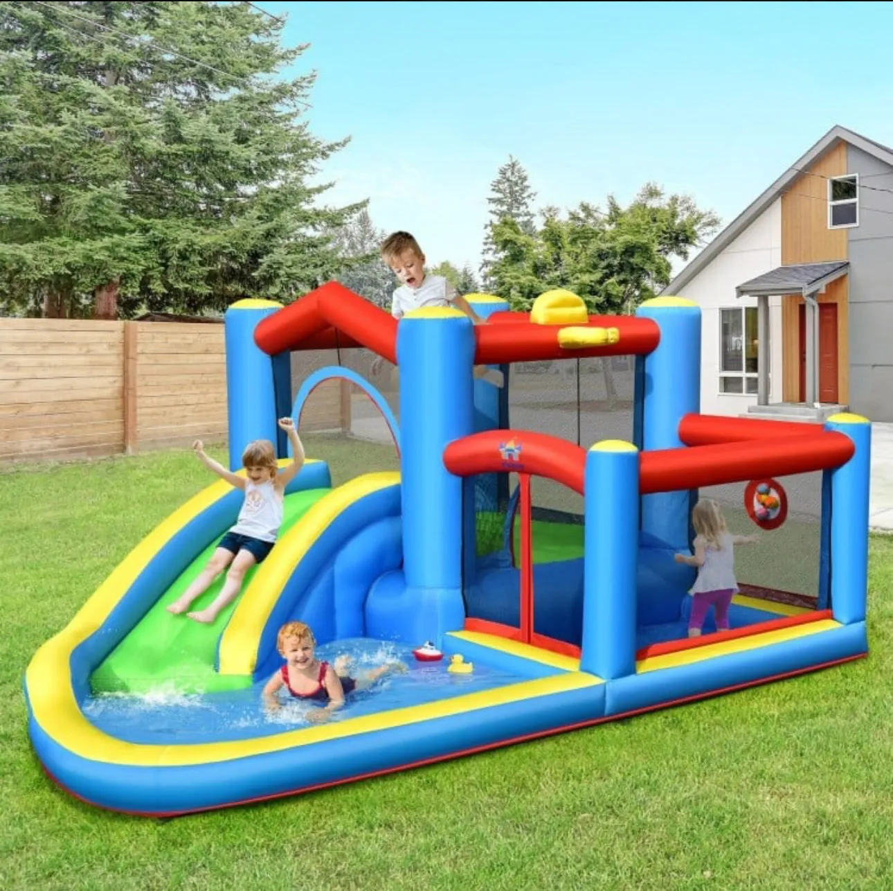 Super Cool Indoor Or Outdoor Inflatable Water Slide Jump Bouncy Castle With Powerful 480W Blower | Easy Set Up / Take Down | High Quality | Carrying Bag