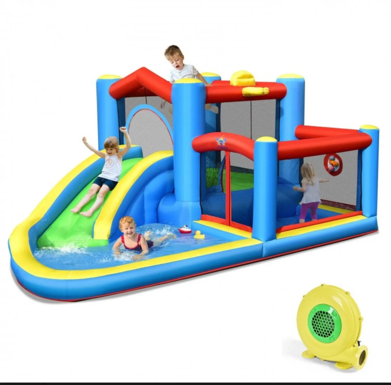Super Cool Indoor Or Outdoor Inflatable Water Slide Jump Bouncy Castle With Powerful 480W Blower | Easy Set Up / Take Down | High Quality | Carrying Bag