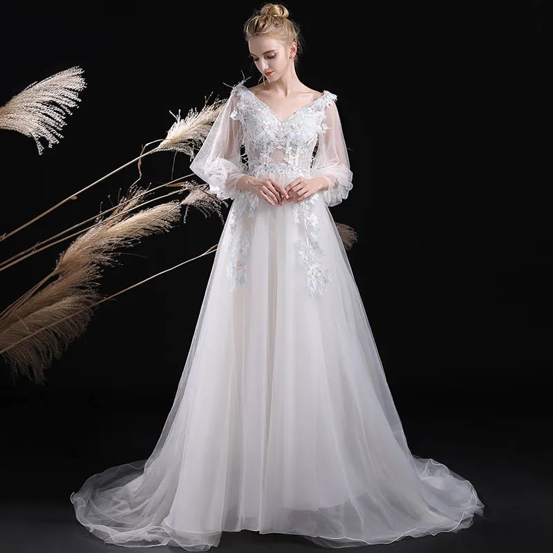White Tulle V-neckline Long Sleeves Party Dresses with Lace Applique, Wedding Party Dresses