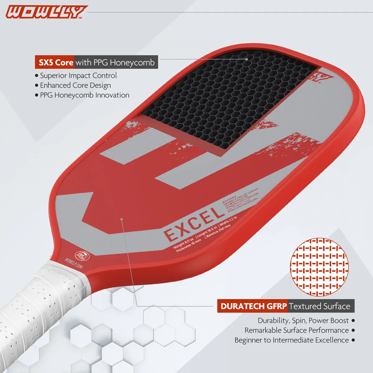 Wowlly Excel Pickleball Paddle (Grey & Red)
