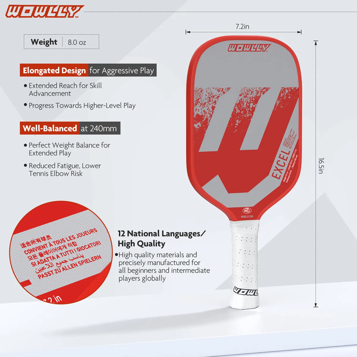 Wowlly Excel Pickleball Paddle (Grey & Red)