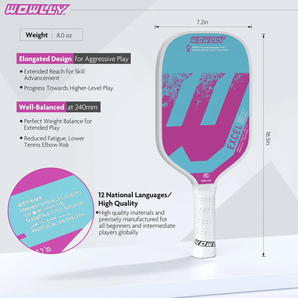 Wowlly Excel Pickleball Paddle (Light Blue & Pink)