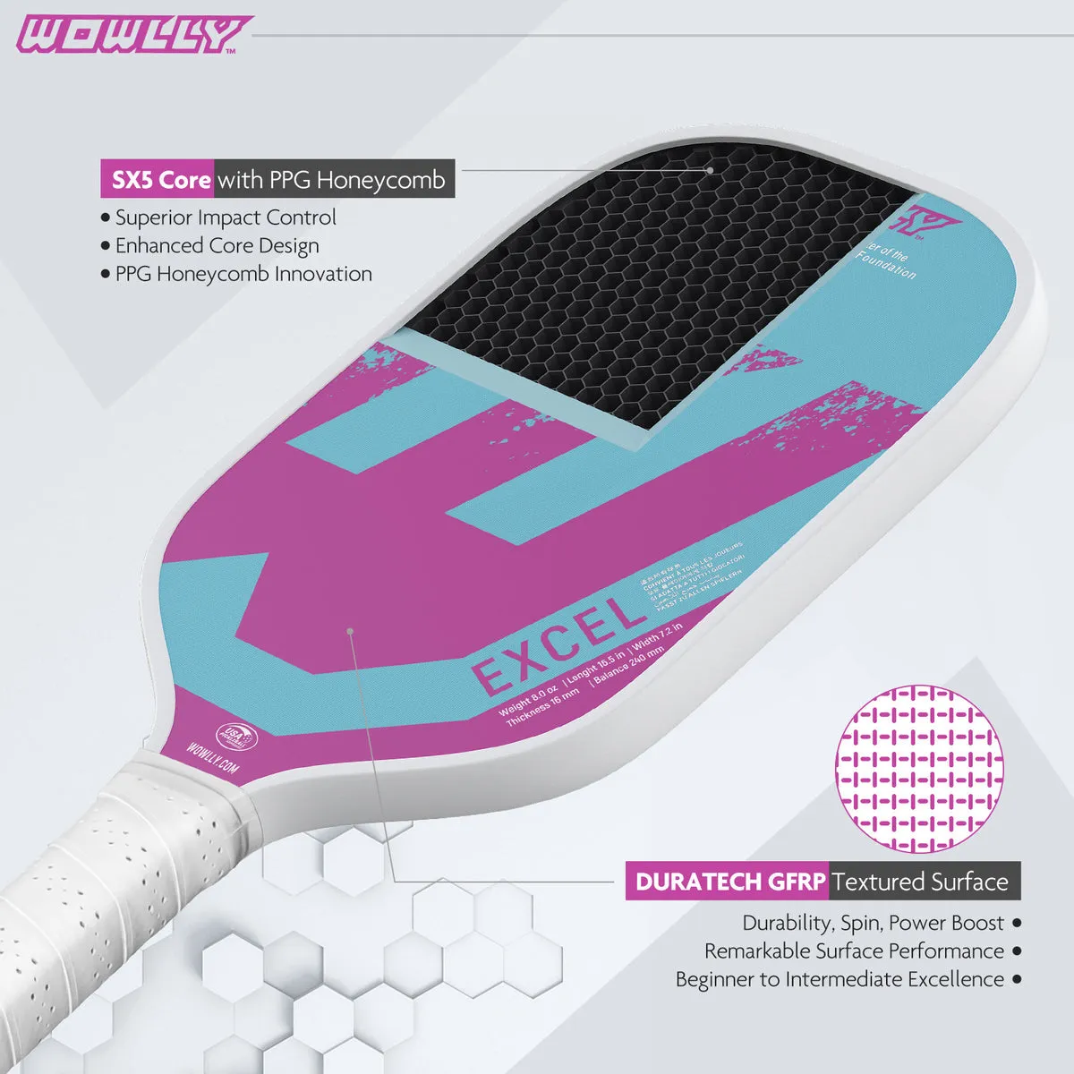 Wowlly Excel Pickleball Paddle (Light Blue & Pink)